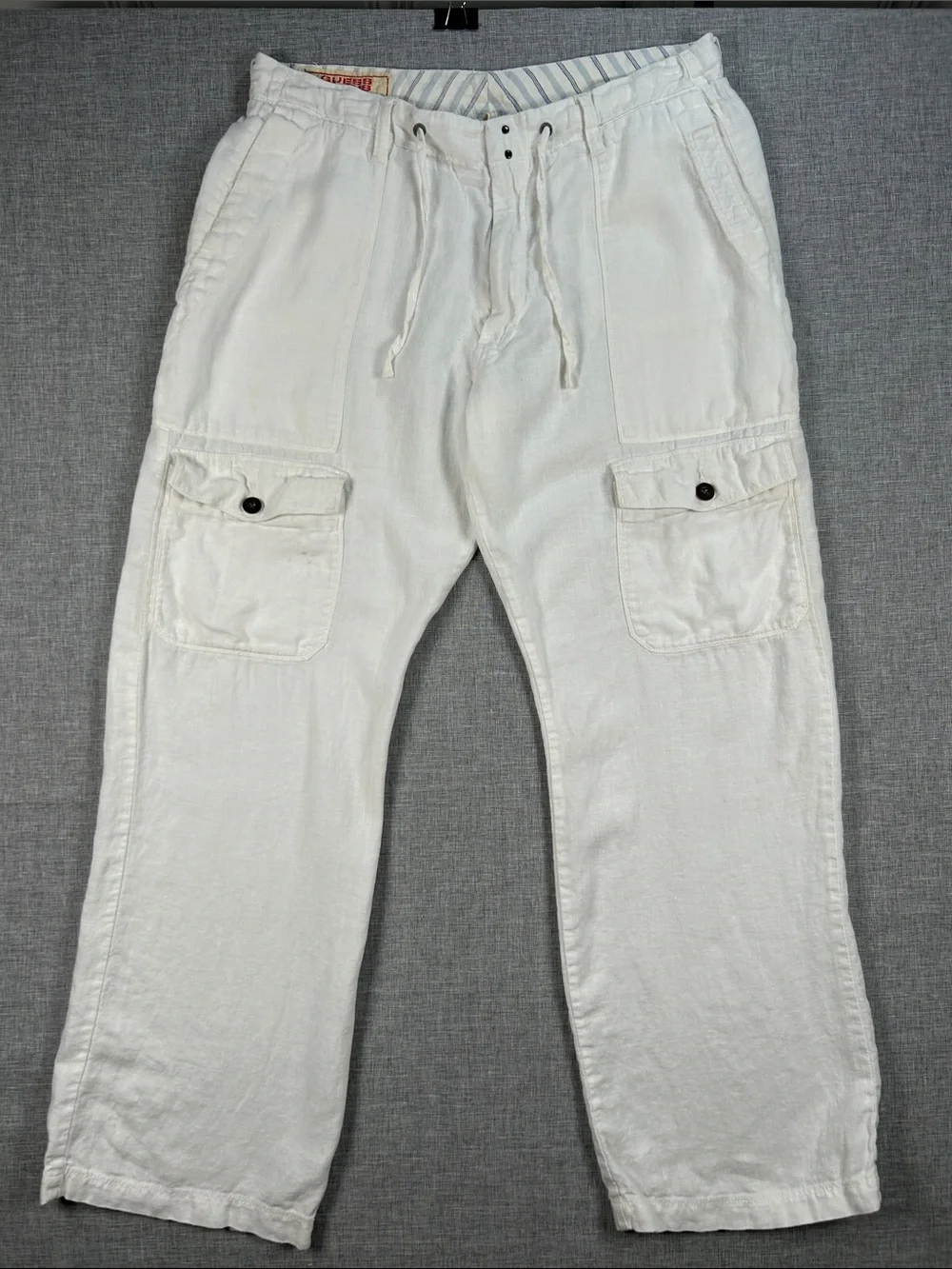 Guess Jeans Men’s 34x32 White Linen Cargo Pants Resort Beach Drawstring